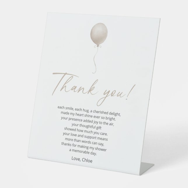 Beige Balloon Baby Dusche Danke, Gedicht Sockelschild (Vorderseite)