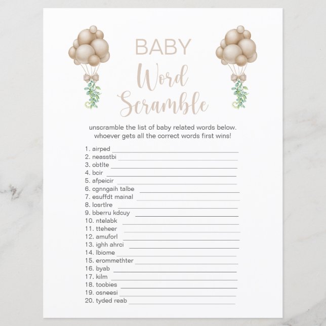 Beige Balloons Baby Dusche Word Scramble (Vorderseite)