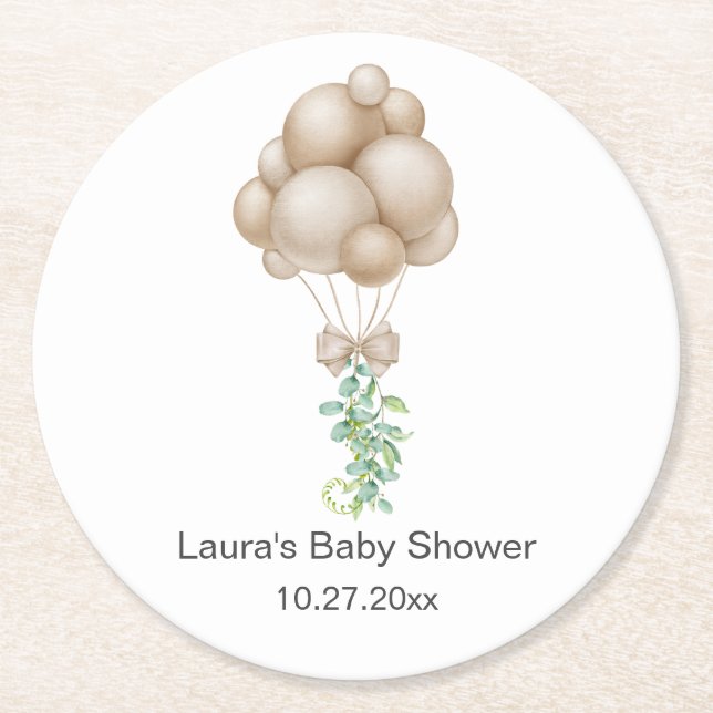Beige Balloons Babydusche Runder Pappuntersetzer (Vorderseite)