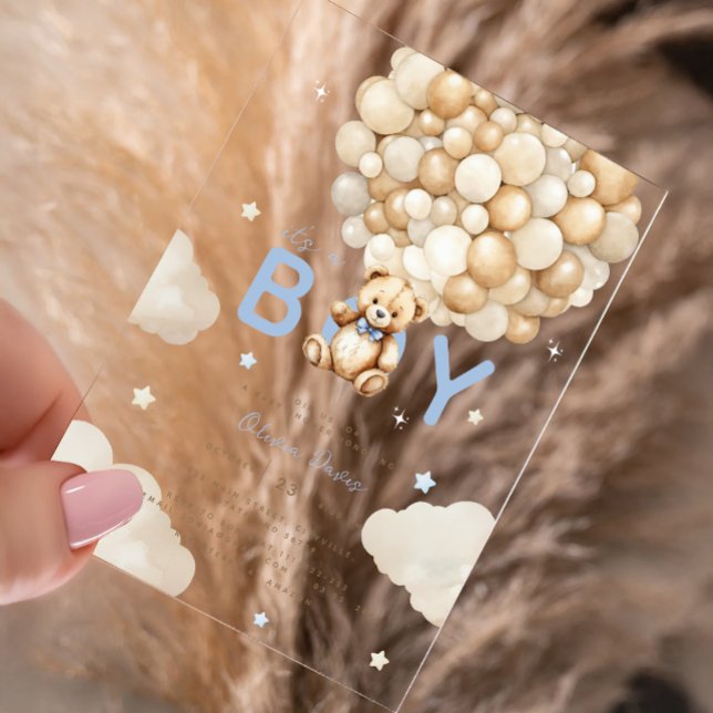 Beige Balloons Teddy Bear Boy Moderne Babydusche Acryleinladungen (Von Creator hochgeladen)