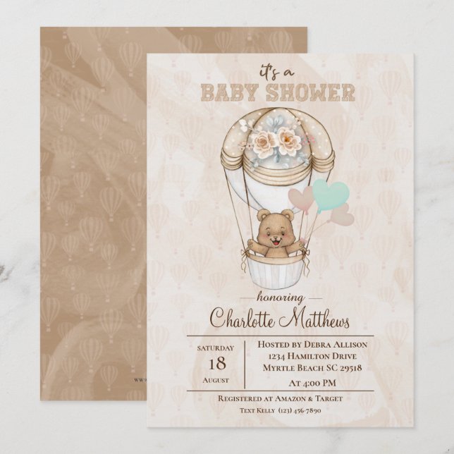 Beige Bear Hot Air Ballon Babydusche Einladung (Vorne/Hinten)