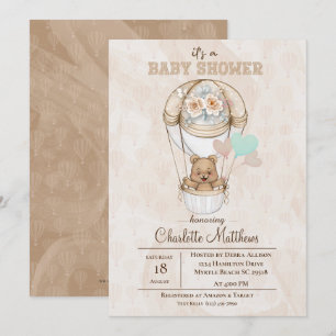Beige Bear Hot Air Ballon Babydusche Einladung