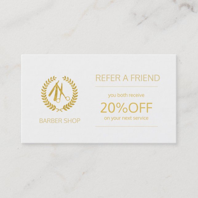 Beige beige-weiße Referenzvorlage für Barbershop Empfehlungskarte (Vorderseite)