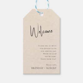 Beige Bettwäsche Einfaches Script Begrüßungsgesche Geschenkanhänger
