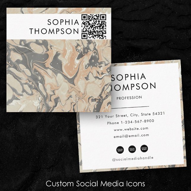 Beige Black Marble Abstrakt QR Code Social Media Quadratische Visitenkarte (Beige Black Marble Abstract QR Code Social Media Square Business Card)