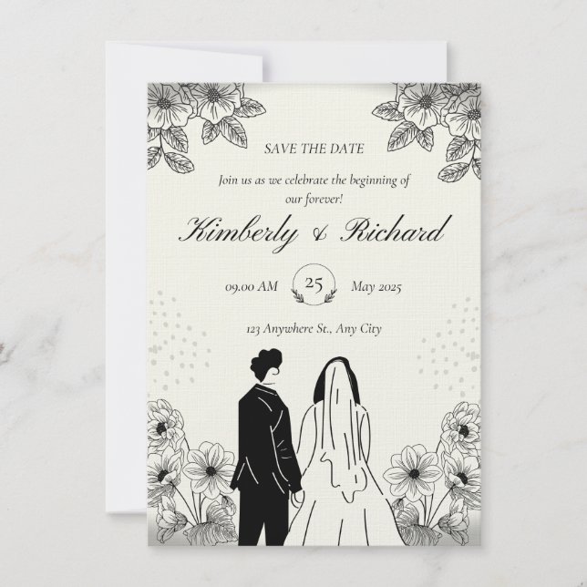 Beige Black Simple Illustation Wedding Invitation Einladung (Vorderseite)