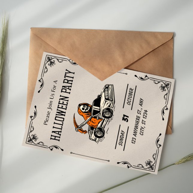 Beige Black Vintage Gothic Skull Halloween Party Einladung (Von Creator hochgeladen)