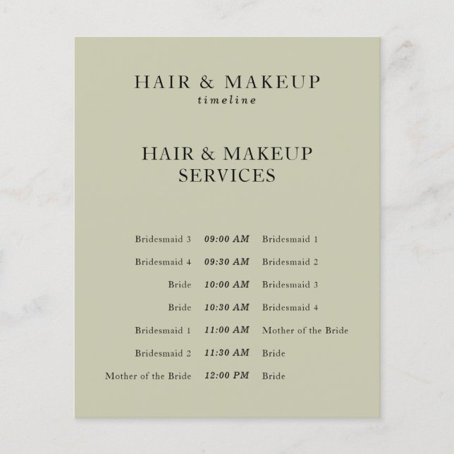 Beige Black Wedding Hair Makeup Timeline Flyer (Vorne)