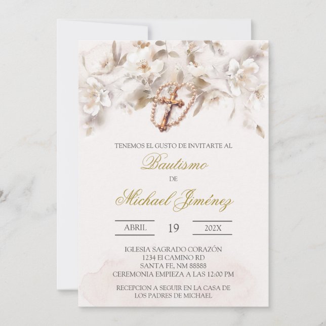 Beige blanc floral espagnol baptême Invitation (Devant)
