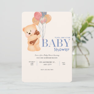 Beige Bleu mignon Ours Baby shower Invitation