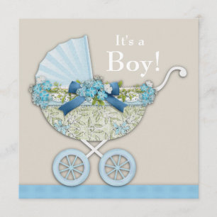 Beige Blue Baby Carriage Boy Dusche Einladung