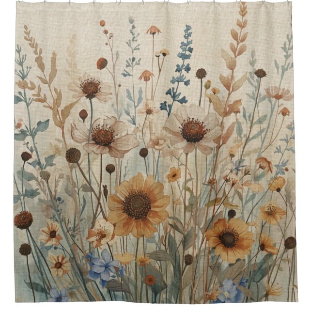 Beige Blue Brown Wild Flower Duschvorhang (Vorderseite)