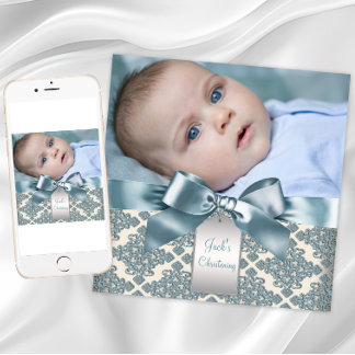 Beige Blue Damask Baby Boy Foto Christening Einladung