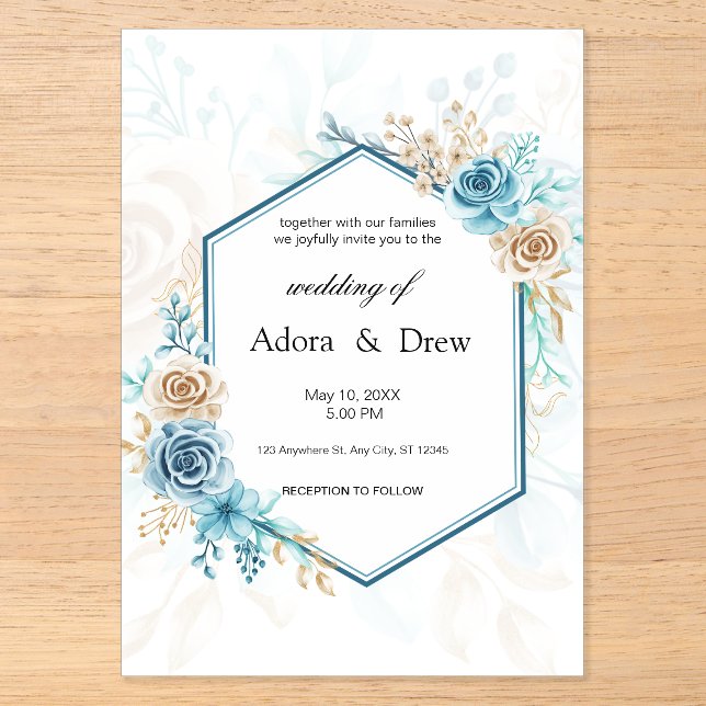 Beige blue Elegant Floral Wedding Acryleinladungen (Vorderseite)