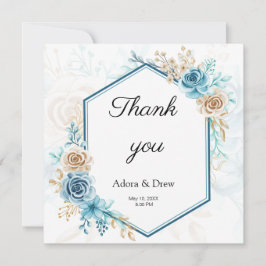 Beige blue Elegant Floral Wedding Dankeskarte