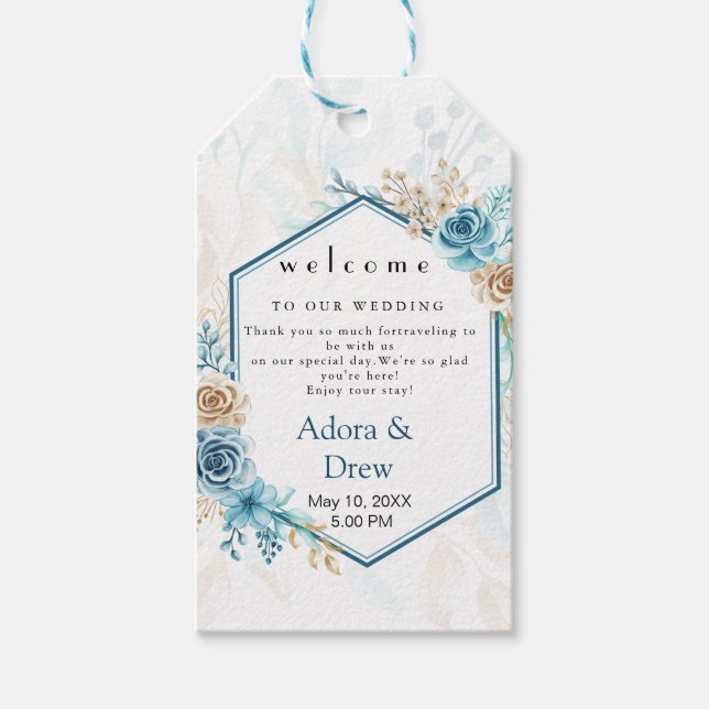 Beige blue Elegant Floral Wedding Geschenkanhänger (Vorderseite)