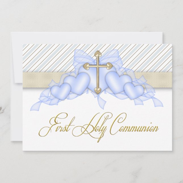 Beige Blue Gold Cross Boys Blue First Communion Einladung (Vorderseite)