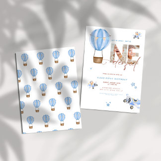 Beige Blue Hot Air Ballon 1. Geburtstag Einladung