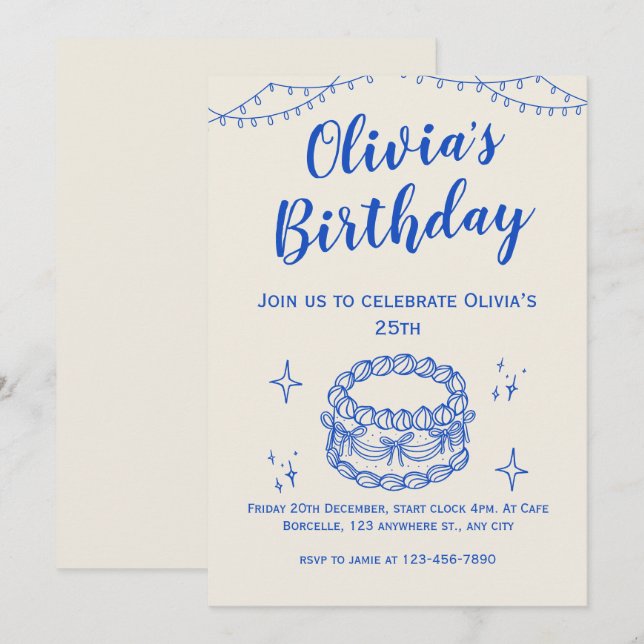 Beige Blue Illustration Birthday Einladung (Vorne/Hinten)