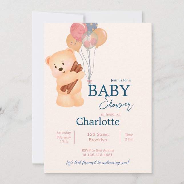 Beige Blue Niedlich Bear mit Balloons Baby Dusche Einladung (Vorderseite)