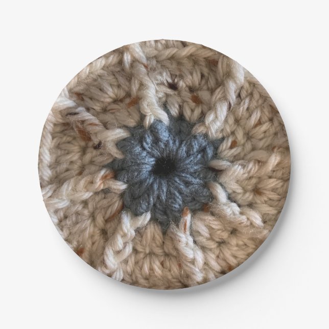 Beige Blue Yarn Foto Knitting Party Crochet Pappteller (Vorderseite)