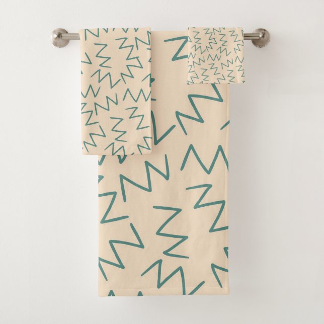 Beige Blue Zig Zag Muster Badhandtuch Set (Insitu)