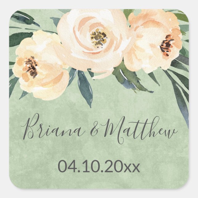Beige Blume Grüne Gastgeschenke Hochzeiten Quadratischer Aufkleber (Vorderseite)