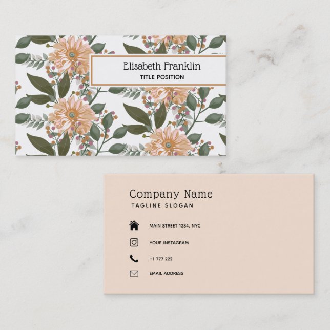 Beige Blume Muster Business Card Visitenkarte (Vorne/Hinten)