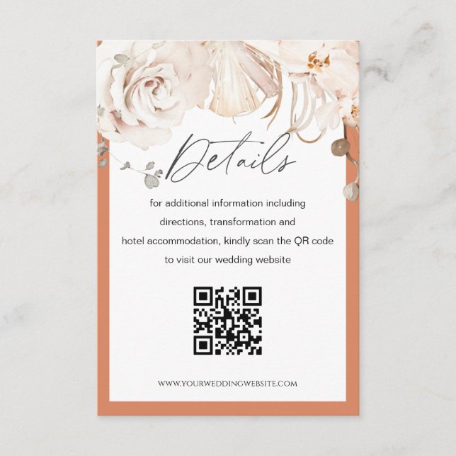 Beige Blumengarten Hochzeit QR Code Detail Karte (Vorderseite)