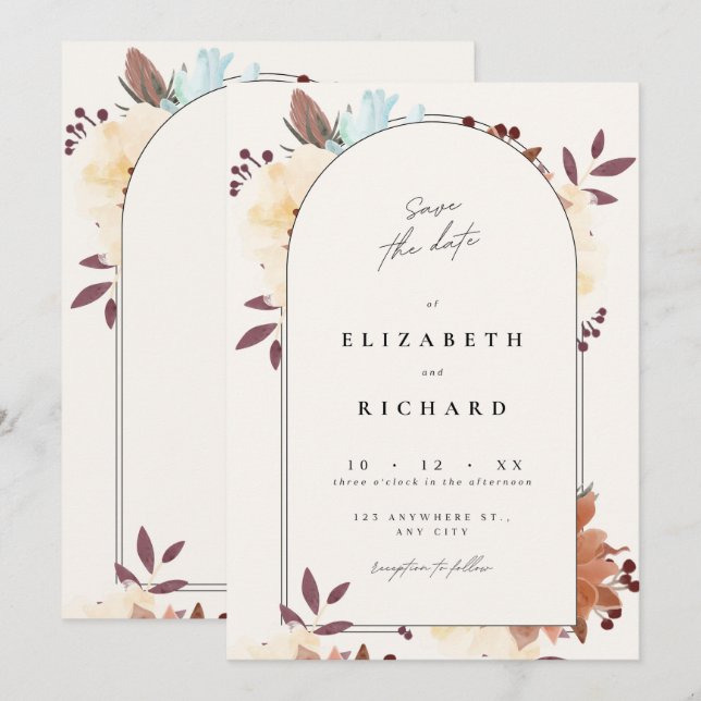 Beige Blumenkarte Save the Date Einladung (Vorne/Hinten)