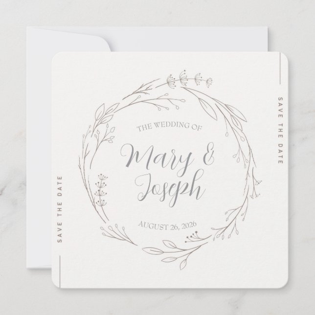 Beige Blumenkranz-Hochzeit Speichern Sie die Datum Einladung (Vorderseite)