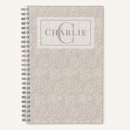 Beige Blumige Linienkunst, Individuelles Monogramm Notizbuch