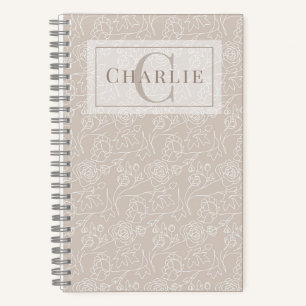 Beige Blumige Linienkunst, Individuelles Monogramm Notizbuch