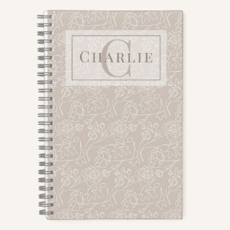 Beige Blumige Linienkunst, Individuelles Monogramm Notizbuch