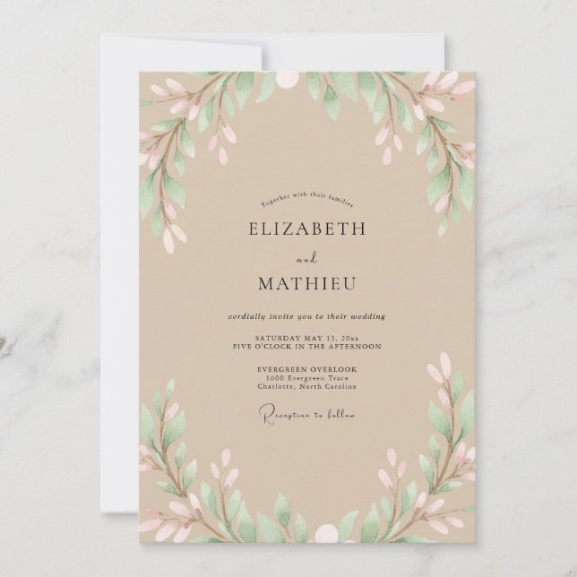 Beige Blush Blätterhochzeit Einladung (Vorderseite)