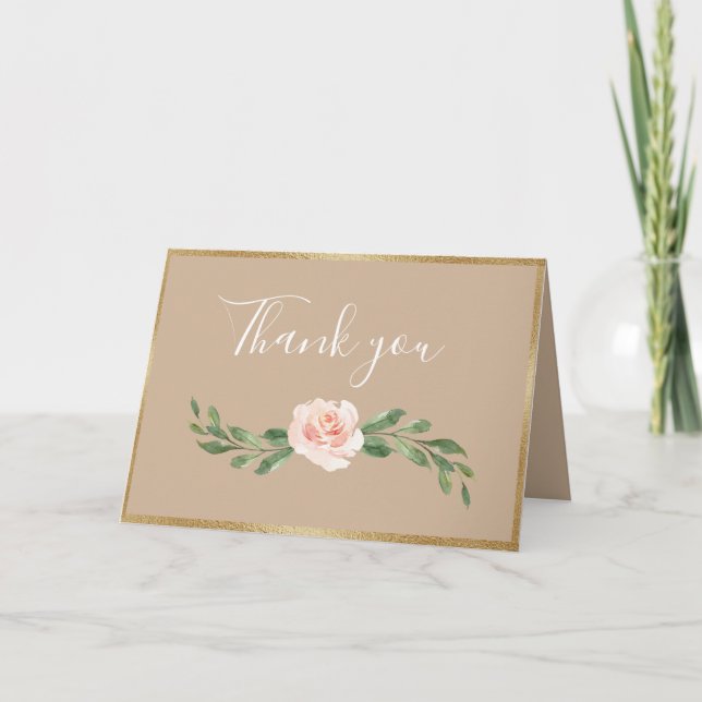 Beige Blush Bloral Elegante Romantische Vegetation Dankeskarte (Vorderseite)