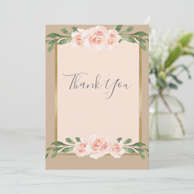 Beige Blush Blumenschrift Romantisches Elegant Dankeskarte (Stehend Vorderseite)