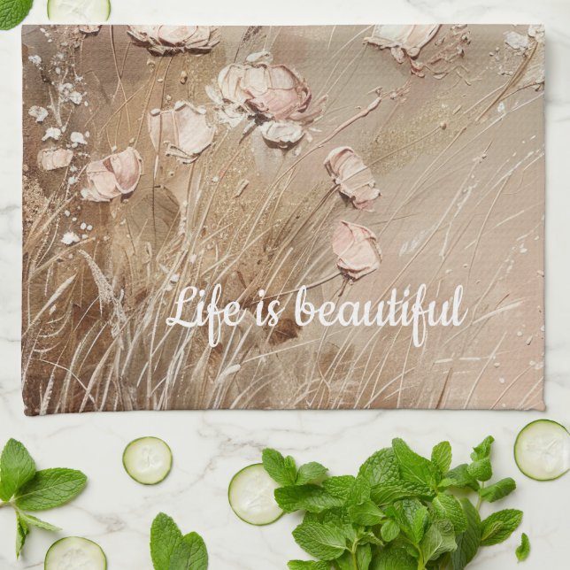 Beige Blush Boho Floral Geschirrtuch (Gefaltet)