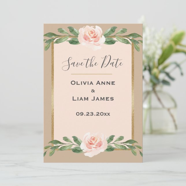Beige Blush Floral Elegantes Script Gold Hochzeit Save The Date (Stehend Vorderseite)