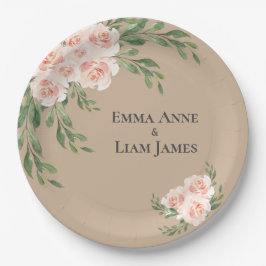 Beige Blush Floral Romantische Elegante Landschaft Pappteller