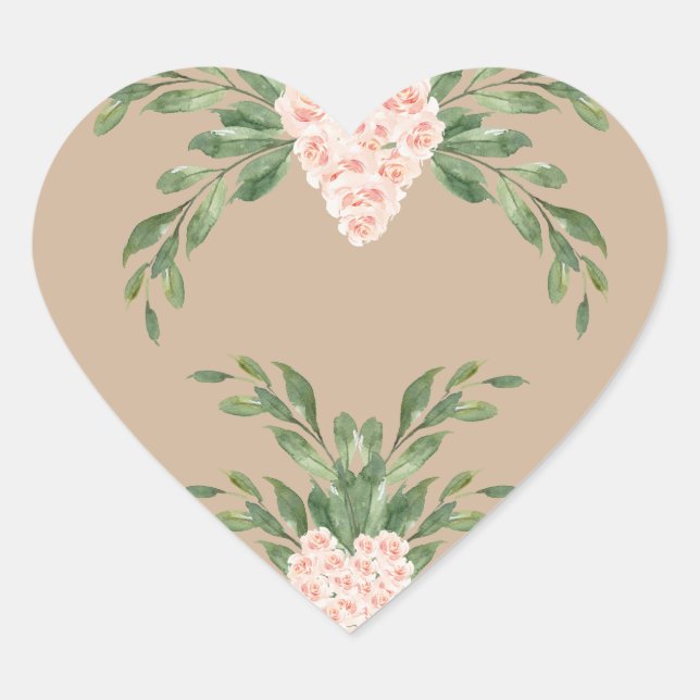 Beige Blush Peach Floral Script Romantische Elegan Herz-Aufkleber (Vorderseite)