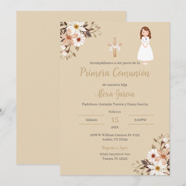 Beige Blütenkommune Einladung (Vorne/Hinten)