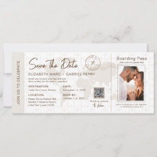 Beige Boarding Pass Hochzeit in Urlaubsort Qr Code Einladung