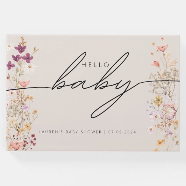 Beige Boho Chic Wildblume Baby Showbook Gästebuch (Vorderseite)