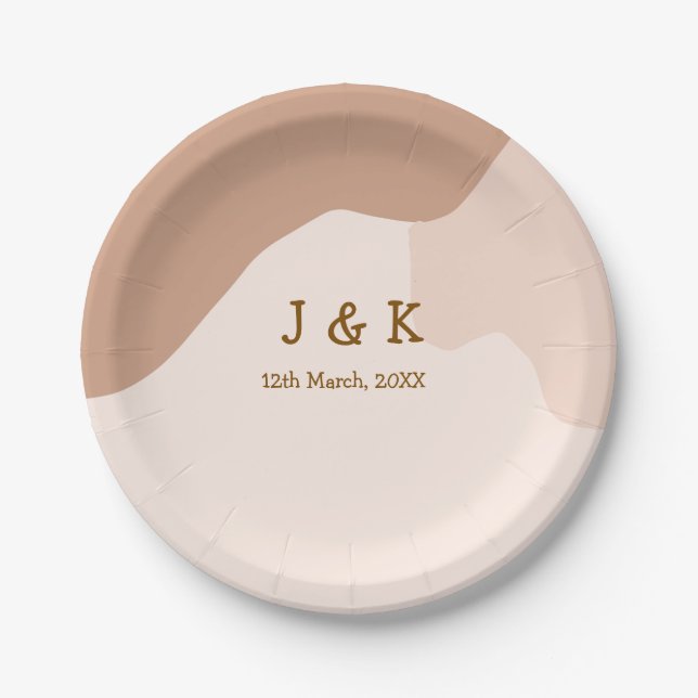 Beige Boho kurviges orange Hochzeit Name Datum Pappteller (Vorderseite)