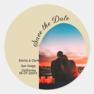 Beige boho Save the Date QR Modernes Foto Runder Aufkleber