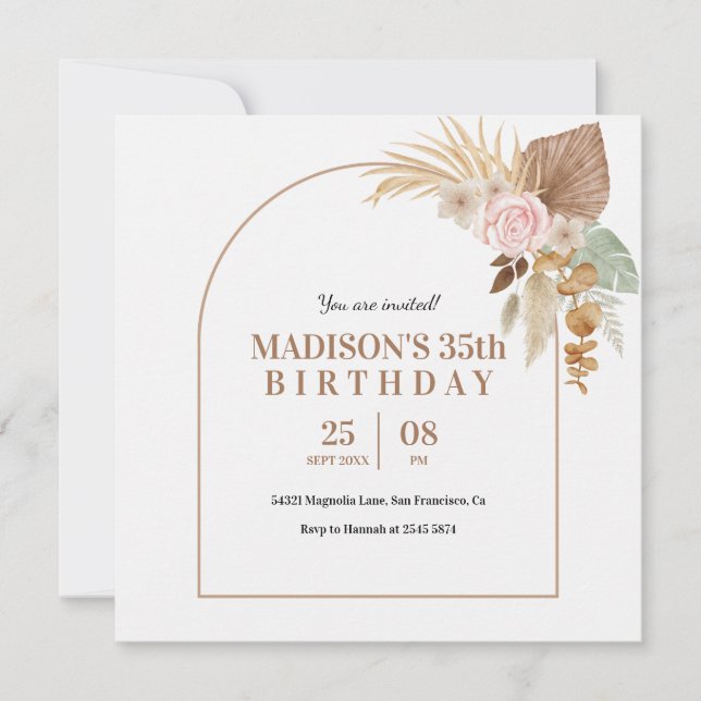Beige Boho Style Birthday Invitation Einladung (Vorderseite)