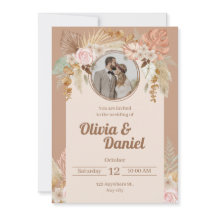Beige Boho Wasserfarben Blume Hochzeit Einladung