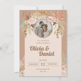 Beige Boho Wasserfarben Blume Hochzeit Einladung