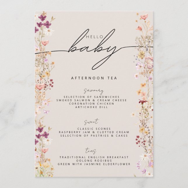 Beige Boho Wildblume Floral Hello Baby Dusche Menükarte (Vorderseite)